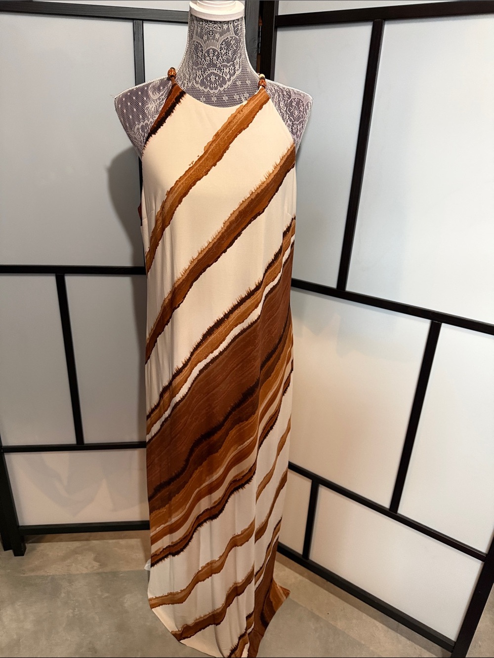 Cato Cream and Brown Striped Halter Maxi Dress